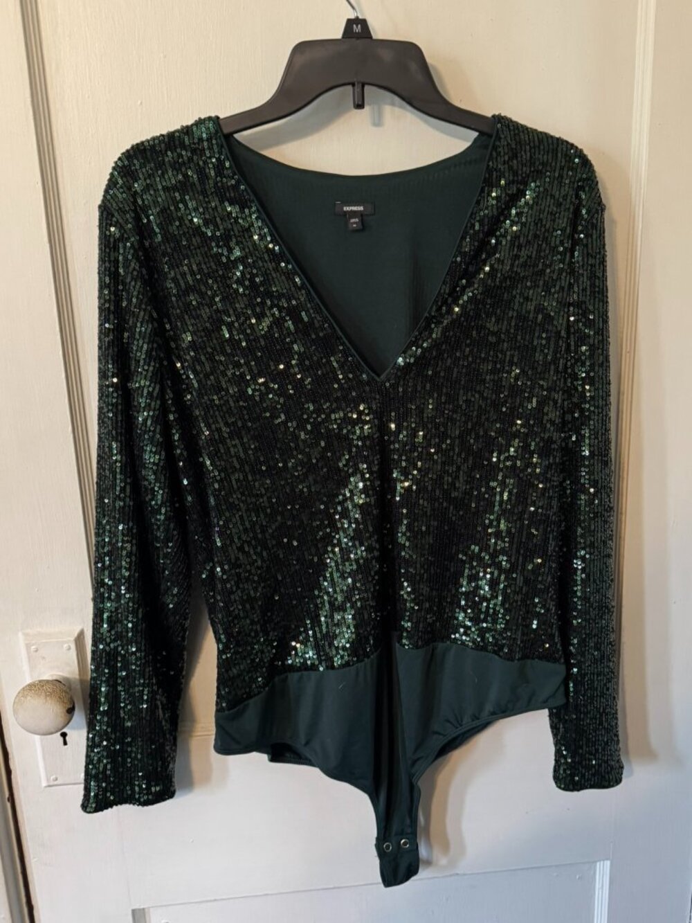 Women's Express Forest Green Sequined Body Suit. Size XL.